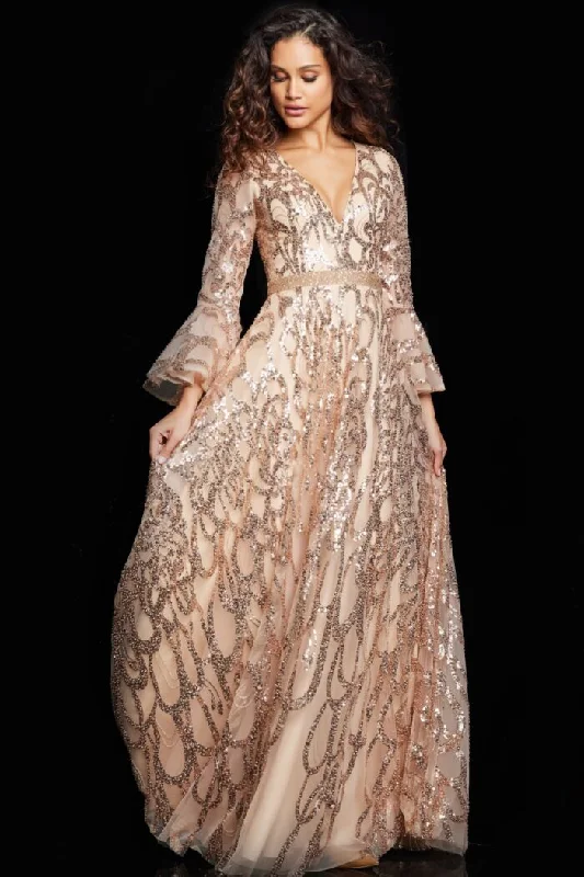 Women's Collarless DressesJovani 36380 Long A Line Sequin Formal Bell Sleeve Evening Dress