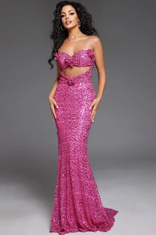 Women's Peter Pan Collar DressesJovani D5403 Sequin Long Formal Floral Accent Prom Dress
