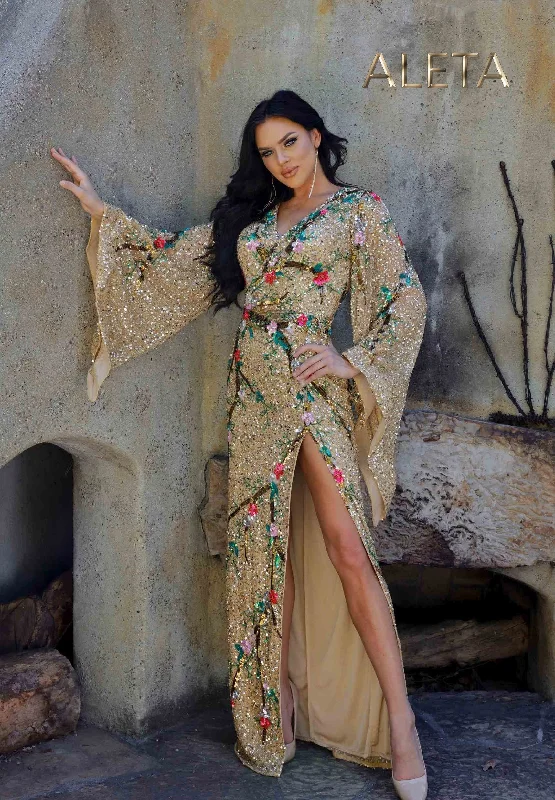 Women's Notched Collar DressesAleta 624 Floral Long Sequin Mother of the Bride Formal Dress