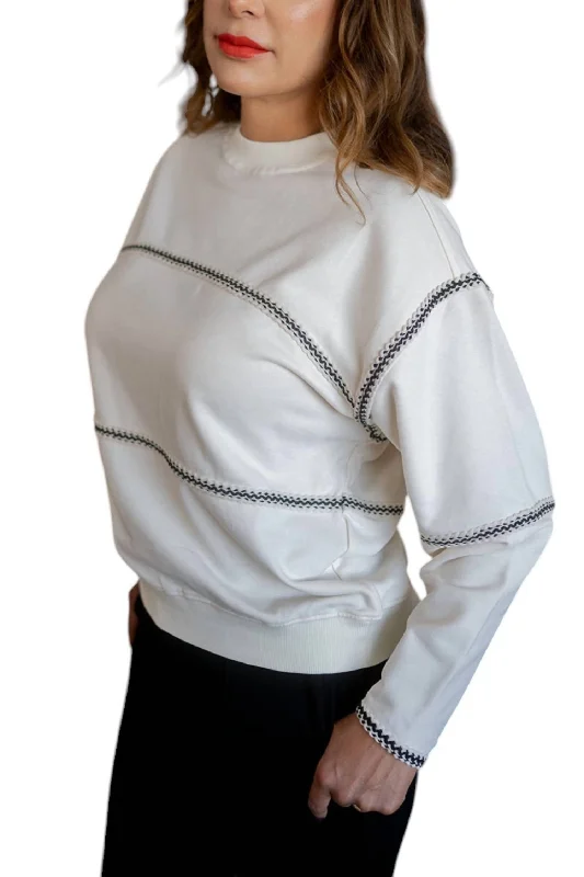 Women's Blouse with Asymmetrical HemSweatshirt Crochet Stripes In Cream And  Black