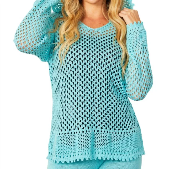 Women's Blouse with Three-Quarter SleevesV-Neck Crochet Hoodie In Aqua