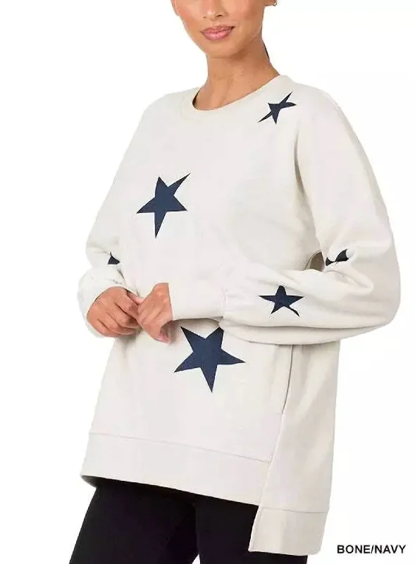 Women's Blouse with Rounded HemStar Print Hi-Low Sweatshirt In Bone/navy
