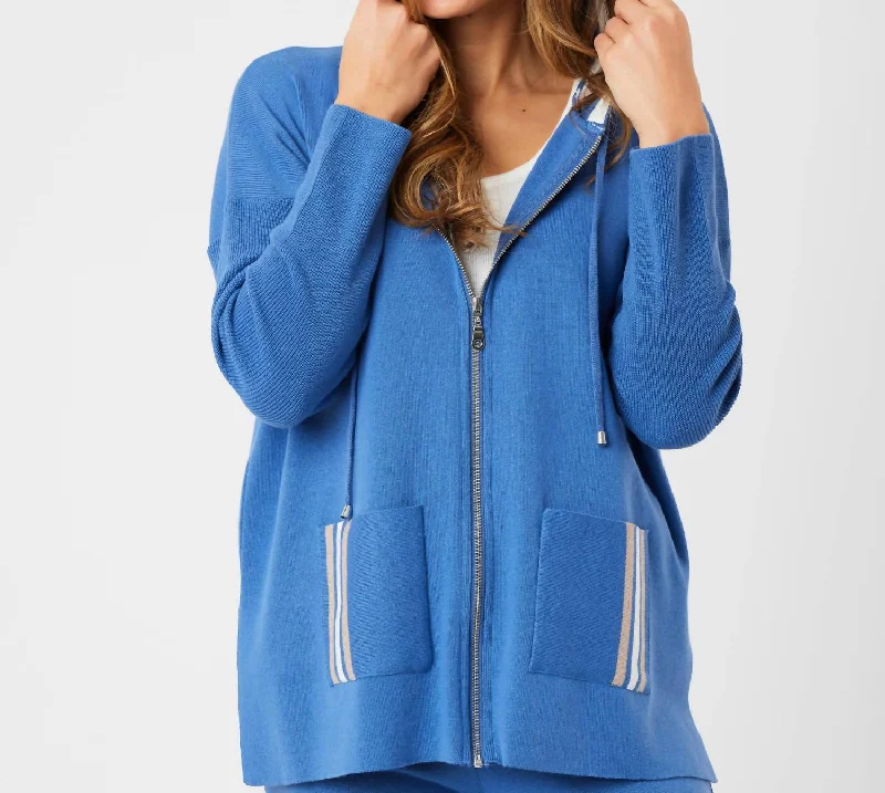 Women's Blouse with Mandarin CollarStripe Detail Zip Up Hoodie In Denim/multi