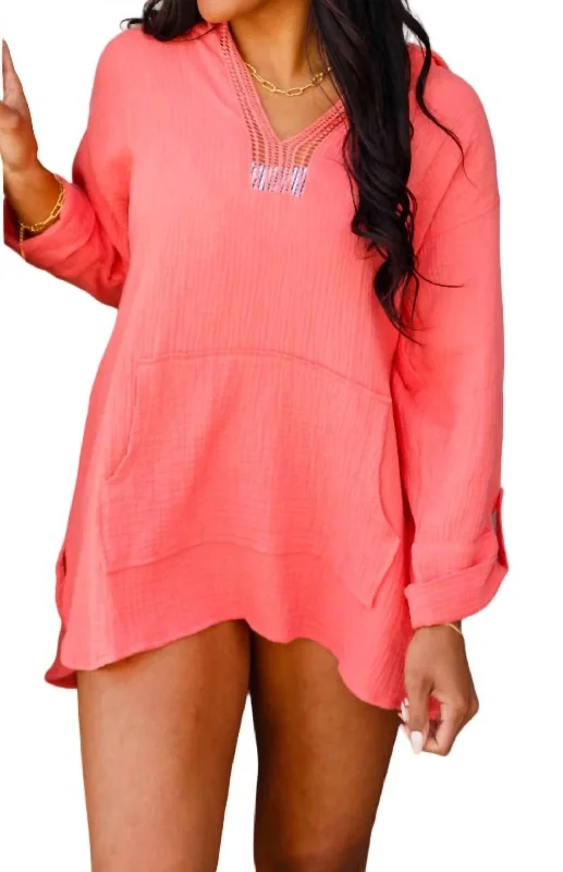 Women's Blouse with V-Shaped CollarBeach Bonfire Pullover Hoodie In Coral