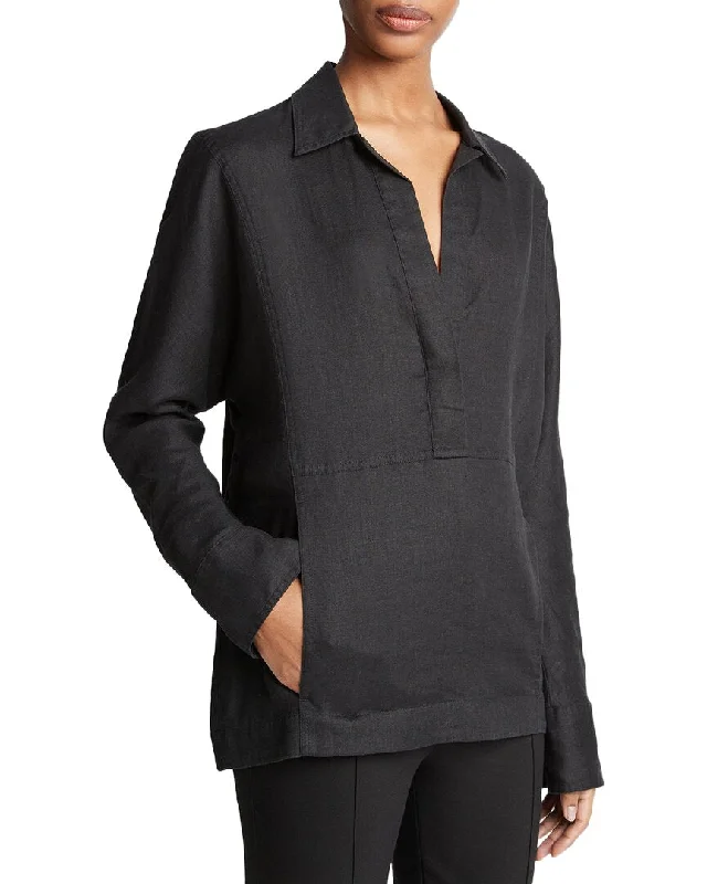 Women's Button-Up BlouseVince Relaxed Kangaroo Linen Hoodie