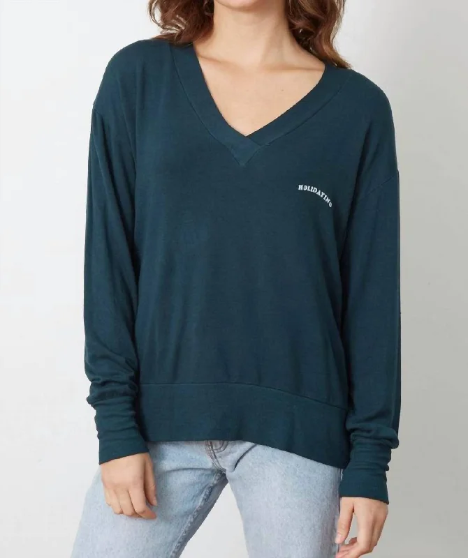 Women's Patterned BlouseHolidaying V Neck Sweatshirt In Teal