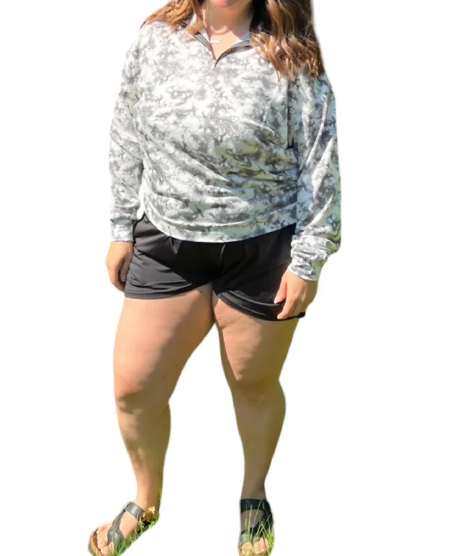 Women's Blouse with Mandarin CollarTie Dye Halfway Zip Up Sweatshirt In Grey And White