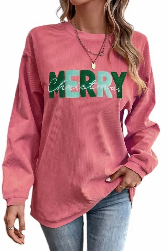 Women's Blouse with High CollarMerry Christmas Chenille Embroidered Corded Sweatshirt In Burnt Coral