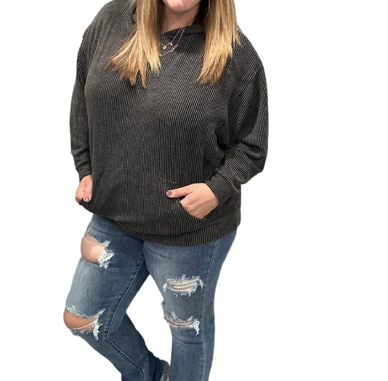 Women's Blouse with Wide CollarRibbed Hoodie In Black