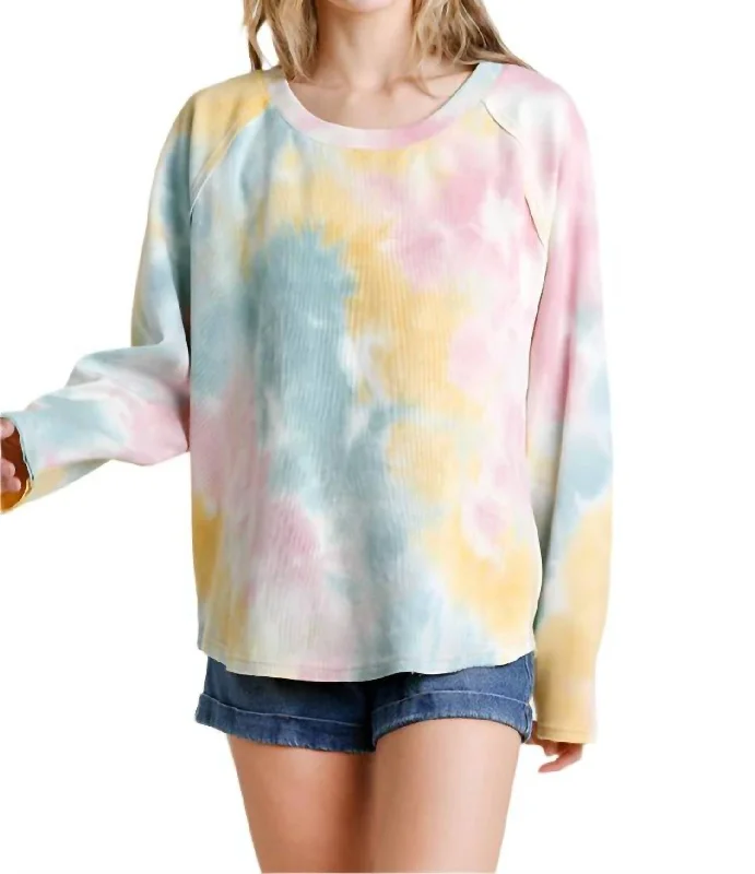 Women's Blouse for PartyRaglan Sleeve Raw Edged Top In Multi
