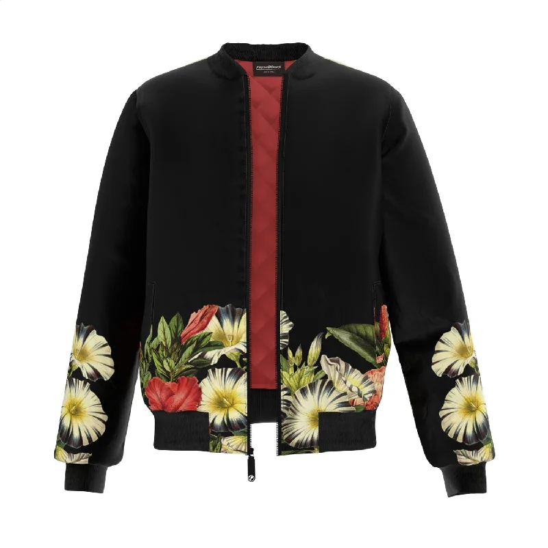 Women's Coats with Fur Trimmed ButtonsBlack Cat Vintage Flowers Bomber Jacket