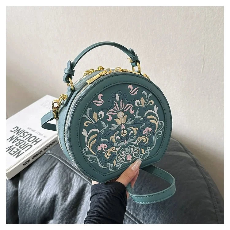 Regal Heritage Embroidered PU Leather Round Shoulder Bag